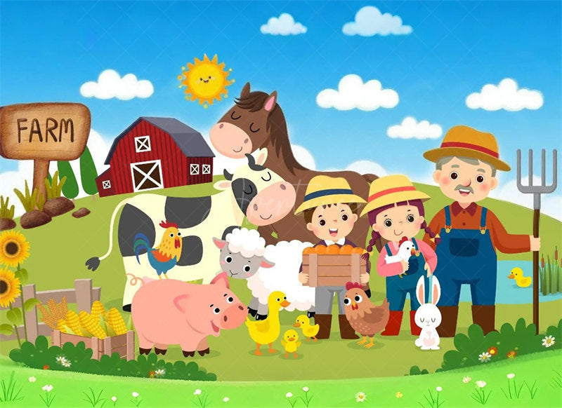 Aperturee - Aperturee Barnyard Farm Animals Birthday Backdrop Sunny Day at the Farm with a Cow and Pig Fun Outdoor Party Decoration