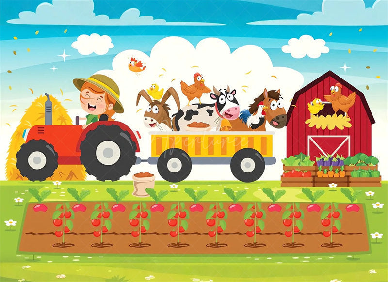Aperturee - Aperturee Barnyard Farm Animals Birthday Backdrop Sunny Day at the Farm with a Cow and Pig Fun Outdoor Party Decoration
