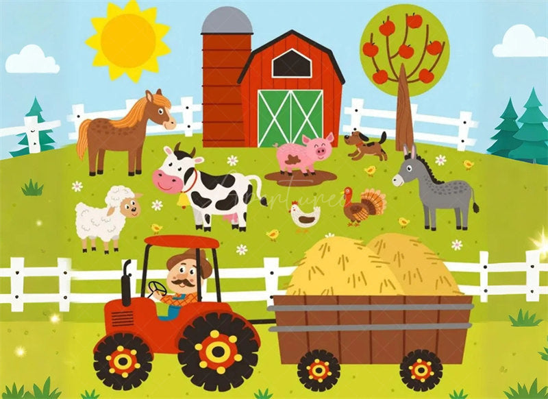 Aperturee - Aperturee Barnyard Farm Animals Birthday Backdrop Sunny Day at the Farm with a Cow and Pig Fun Outdoor Party Decoration