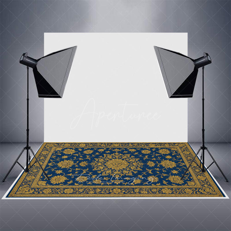 Aperturee - Aperturee Baroque Navy And Gold Rubber Floor Mat For Photo