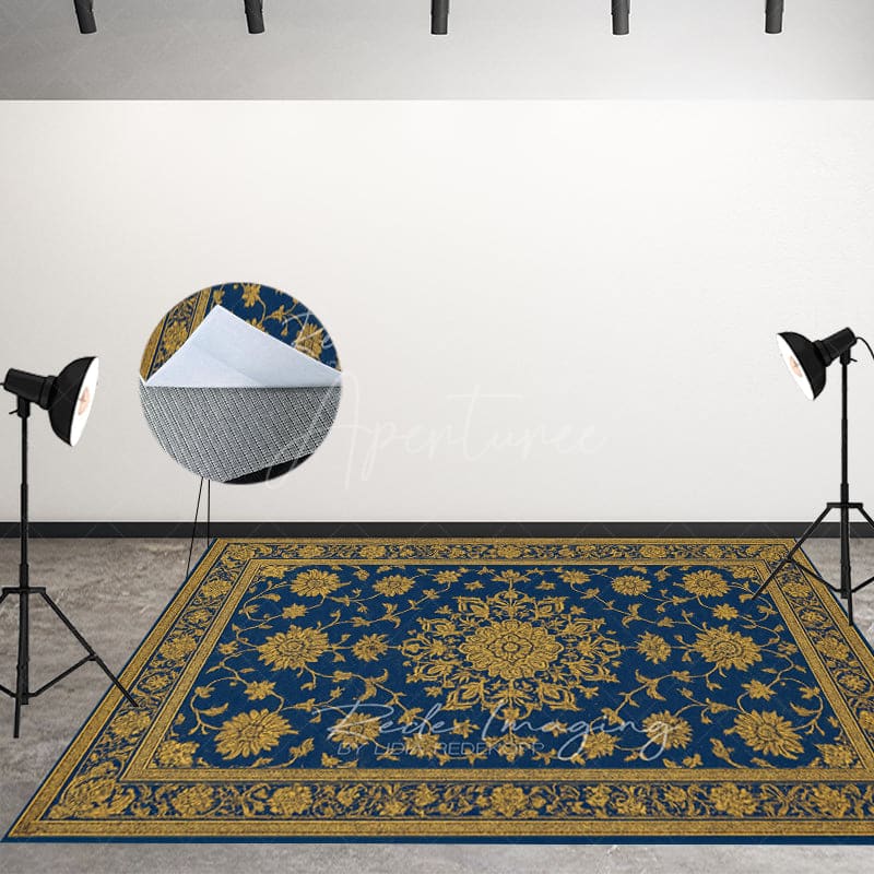 Aperturee - Aperturee Baroque Navy Gold Fabric Floor Backdrop For Photo