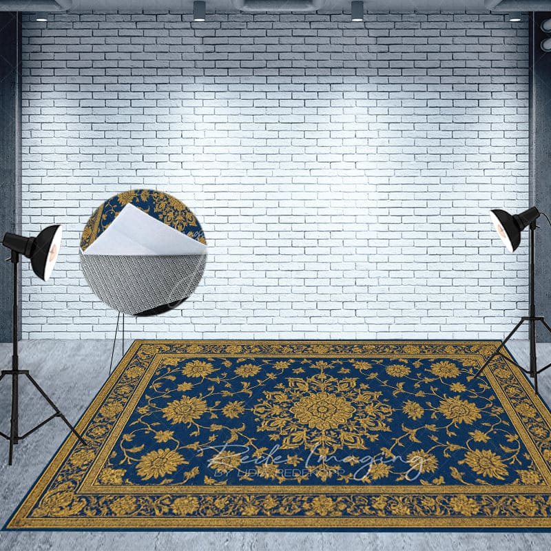 Aperturee - Aperturee Baroque Navy Gold Fabric Floor Backdrop For Photo