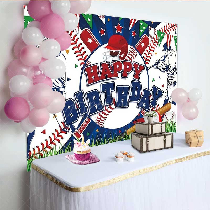 Aperturee - Aperturee Baseball Happy Birthday Backdrop for Boys Red and Blue Sports Theme with Players All Star Homerun Party Decor