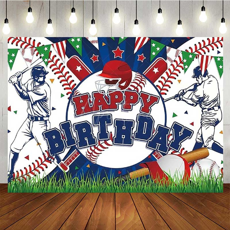 Aperturee - Aperturee Baseball Happy Birthday Backdrop for Boys Red and Blue Sports Theme with Players All Star Homerun Party Decor