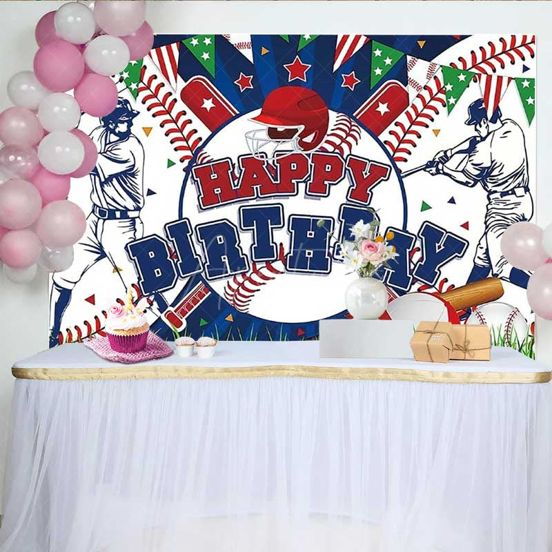 Aperturee - Aperturee Baseball Happy Birthday Backdrop for Boys Red and Blue Sports Theme with Players All Star Homerun Party Decor