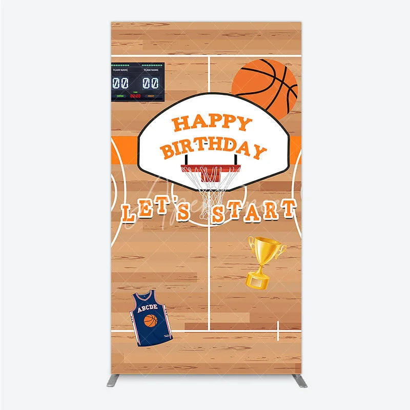 Aperturee - Aperturee Basketball Court Happy Birthday Rectangle Backdrop Kit with Hoop Ball and Trophy Game Day Sports Party Decor