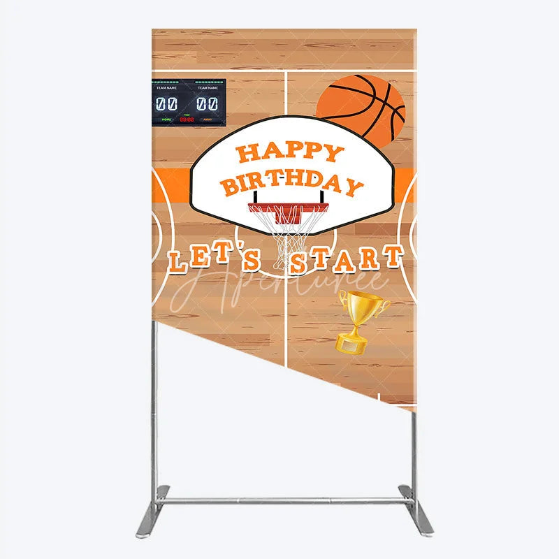 Aperturee - Aperturee Basketball Court Happy Birthday Rectangle Backdrop Kit with Hoop Ball and Trophy Game Day Sports Party Decor