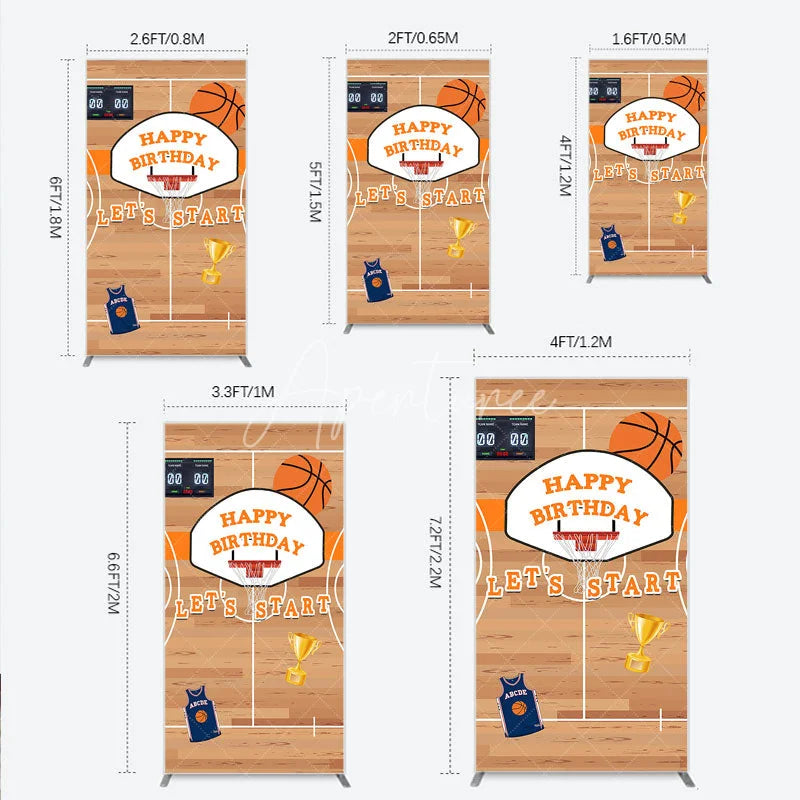 Aperturee - Aperturee Basketball Court Happy Birthday Rectangle Backdrop Kit with Hoop Ball and Trophy Game Day Sports Party Decor