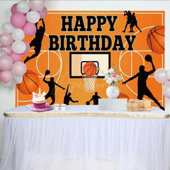Aperturee - Aperturee Basketball Happy Birthday Backdrop for Boys Orange Sports Court with Player Silhouettes Slam Dunk Party Decor