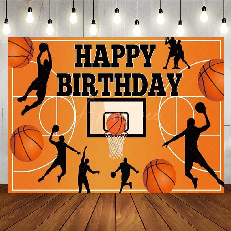 Aperturee - Aperturee Basketball Happy Birthday Backdrop for Boys Orange Sports Court with Player Silhouettes Slam Dunk Party Decor