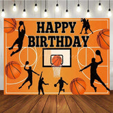 Aperturee - Aperturee Basketball Happy Birthday Backdrop for Boys Orange Sports Court with Player Silhouettes Slam Dunk Party Decor
