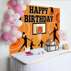 Aperturee - Aperturee Basketball Happy Birthday Backdrop for Boys Orange Sports Court with Player Silhouettes Slam Dunk Party Decor
