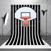 Aperturee - Aperturee Basketball Hoop Backdrop Sports Theme Party Decorations on Black and White Striped Background
