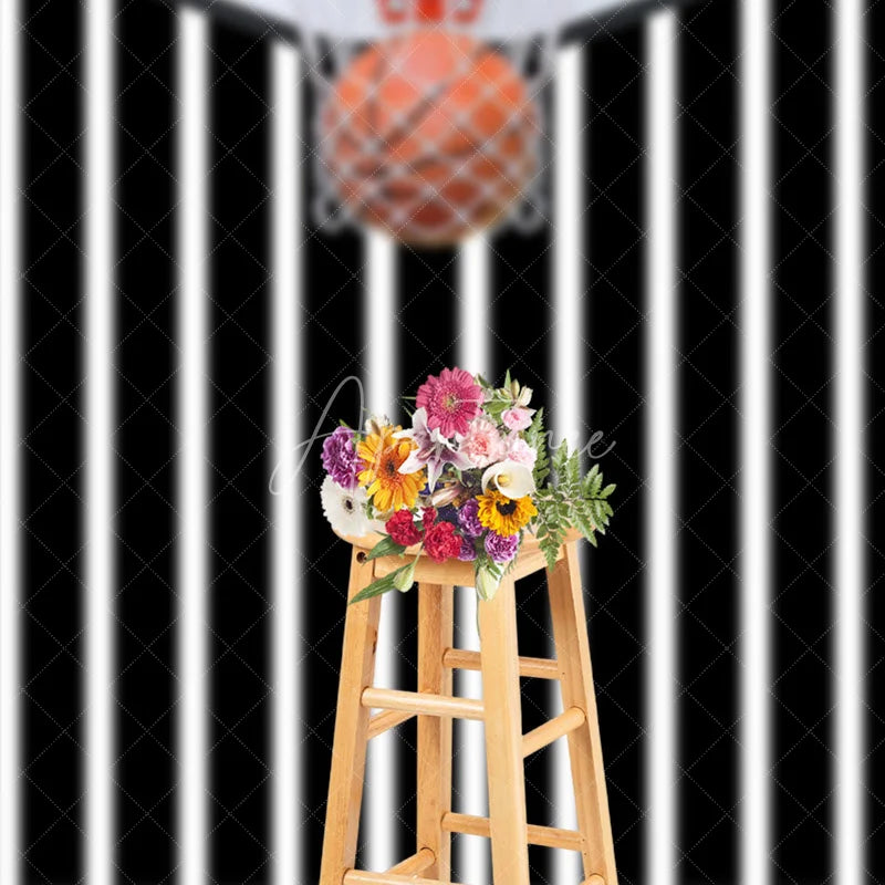 Aperturee - Aperturee Basketball Hoop Backdrop Sports Theme Party Decorations on Black and White Striped Background