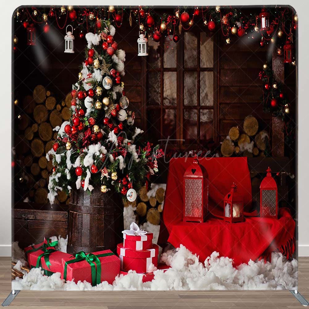 Aperturee - Aperturee Baubles Tree Red Wood Christmas Pillow Case Backdrop