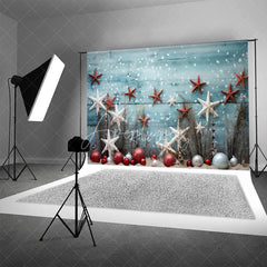 Aperturee - Aperturee Beach Christmas Backdrop Starfish Ornament Sand Photography Background Tropical Blue Wood Summer Holiday Party