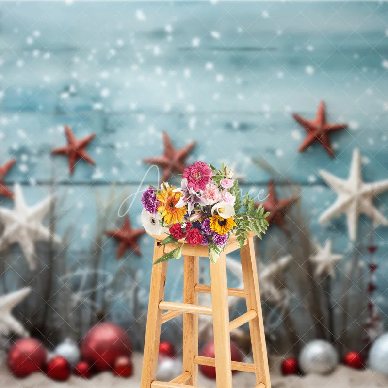 Aperturee - Aperturee Beach Christmas Backdrop Starfish Ornament Sand Photography Background Tropical Blue Wood Summer Holiday Party