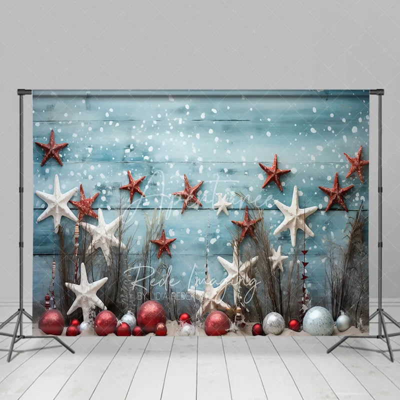 Aperturee - Aperturee Beach Christmas Backdrop Starfish Ornament Sand Photography Background Tropical Blue Wood Summer Holiday Party