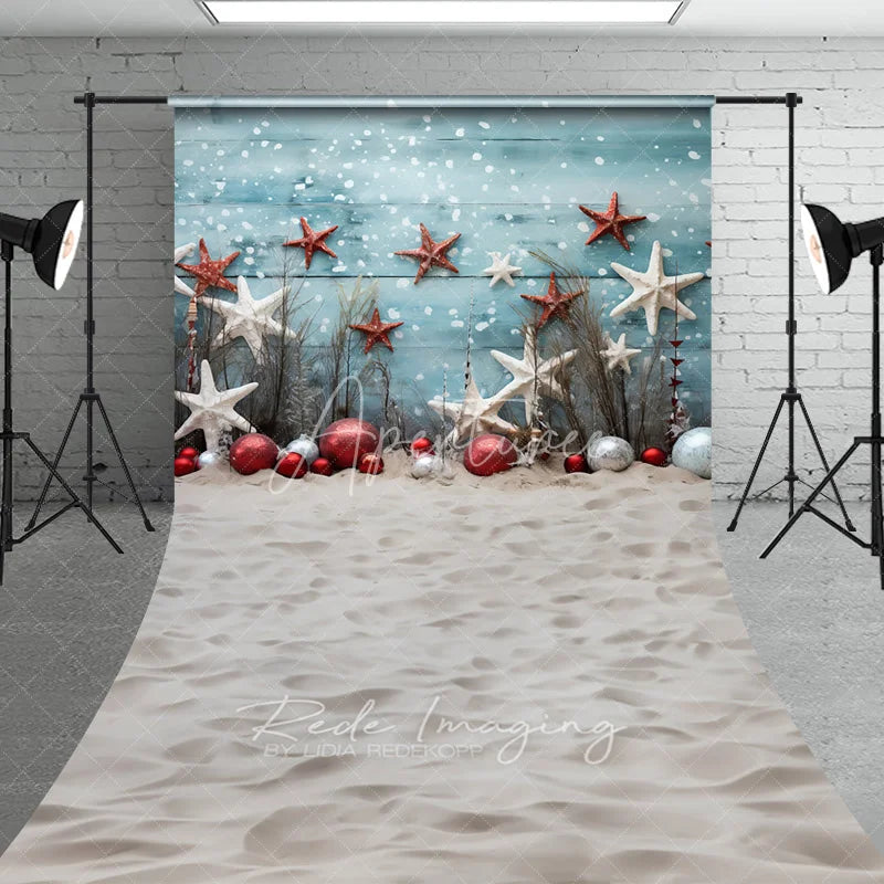 Aperturee - Aperturee Beach Christmas Sweep Backdrop Starfish Ornament Sand Photography Background Tropical Blue Wood Summer Holiday Party