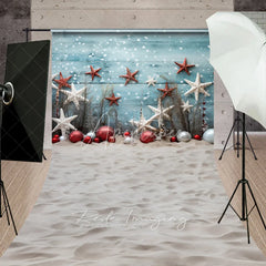 Aperturee - Aperturee Beach Christmas Sweep Backdrop Starfish Ornament Sand Photography Background Tropical Blue Wood Summer Holiday Party