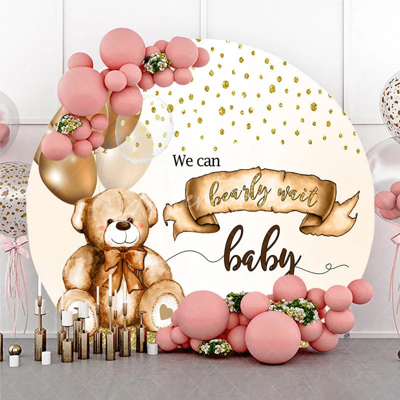 Aperturee - Aperturee Bearly Wait Round Backdrop Cute Teddy Bear and Gold Balloons Baby Shower Background Brown and Cream Nursery Decor