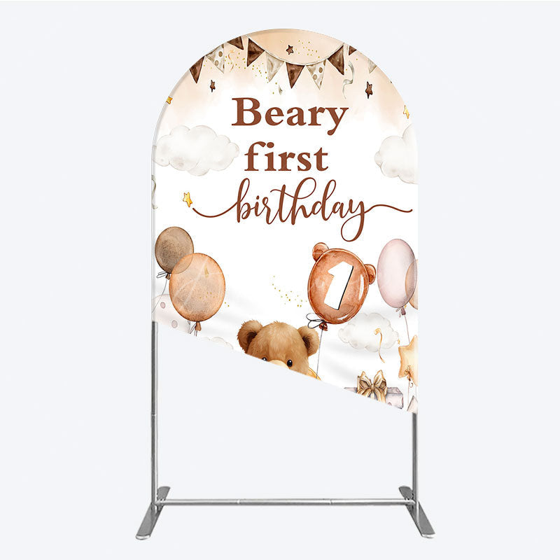 Aperturee - Aperturee Beary First Birthday Arch Backdrop for Boy Boho Teddy Bear on Moon with Balloons We Can Bearly Wait Party Decor