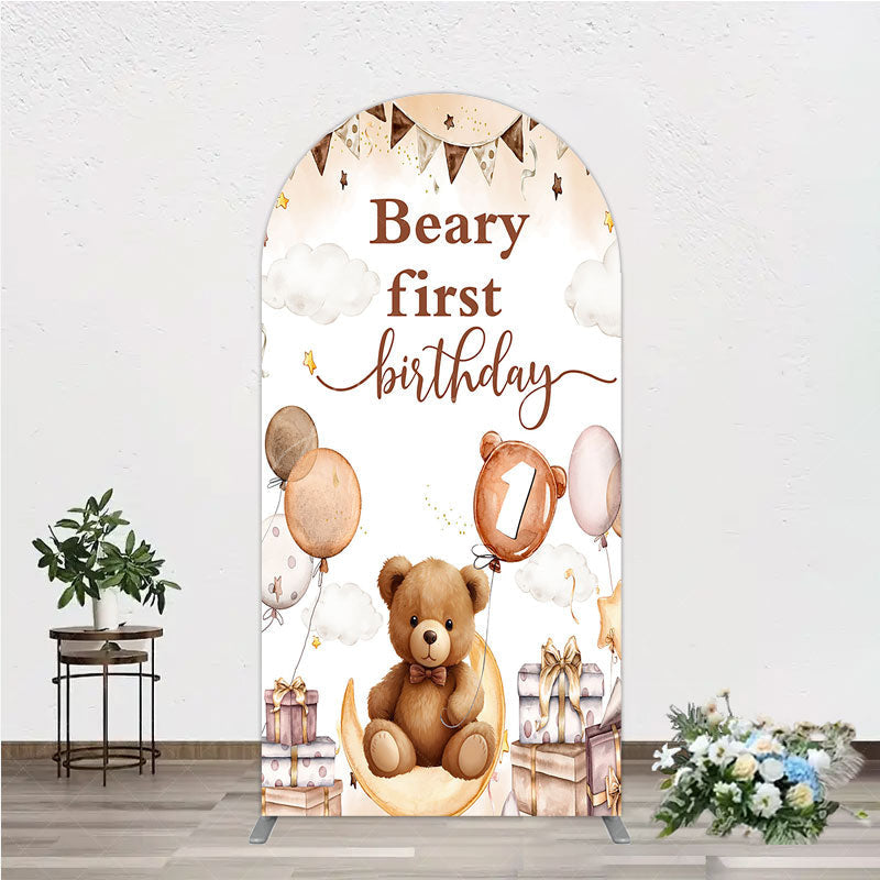 Aperturee - Aperturee Beary First Birthday Arch Backdrop for Boy Boho Teddy Bear on Moon with Balloons We Can Bearly Wait Party Decor