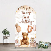 Aperturee - Aperturee Beary First Birthday Arch Backdrop for Boy Boho Teddy Bear on Moon with Balloons We Can Bearly Wait Party Decor