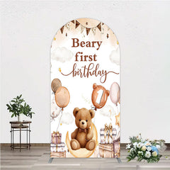 Aperturee - Aperturee Beary First Birthday Arch Backdrop for Boy Boho Teddy Bear on Moon with Balloons We Can Bearly Wait Party Decor