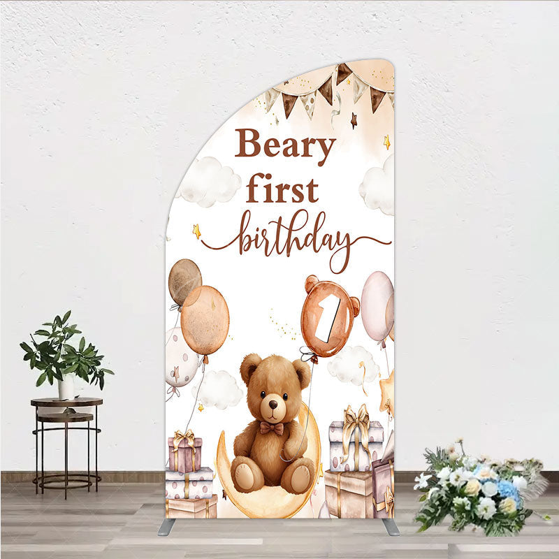Aperturee - Aperturee Beary First Birthday Half Moon Arch Backdrop for Boy Boho Teddy Bear on Moon with Balloons We Can Bearly Wait Party