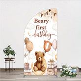 Aperturee - Aperturee Beary First Birthday Half Moon Arch Backdrop for Boy Boho Teddy Bear on Moon with Balloons We Can Bearly Wait Party