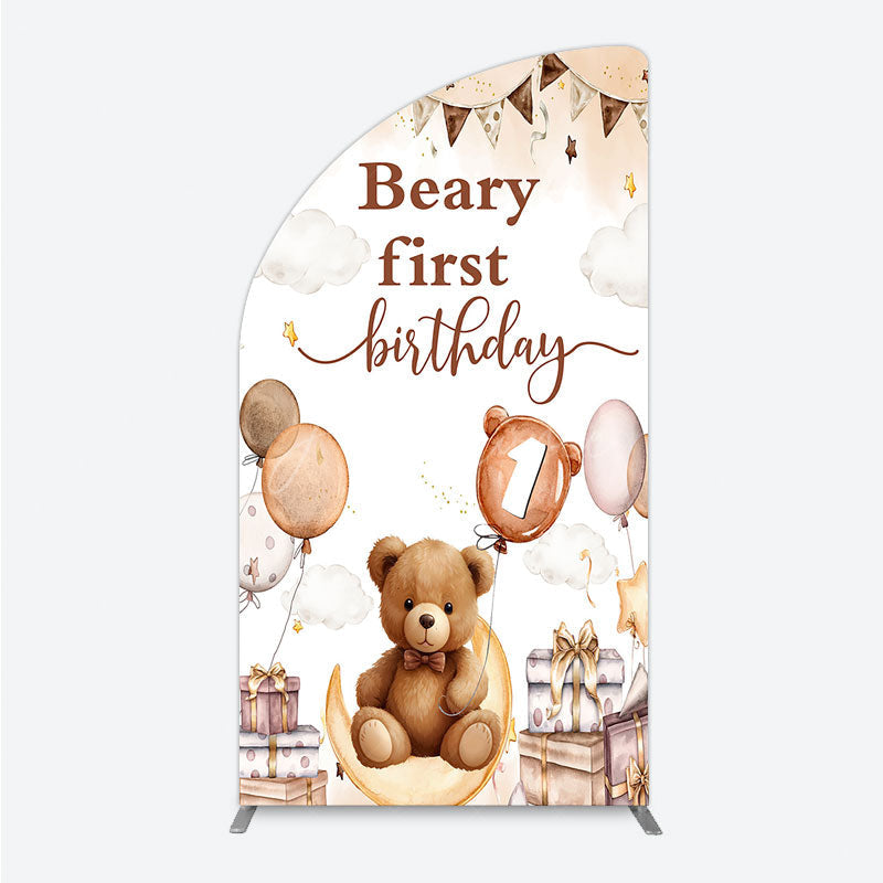 Aperturee - Aperturee Beary First Birthday Half Moon Arch Backdrop for Boy Boho Teddy Bear on Moon with Balloons We Can Bearly Wait Party