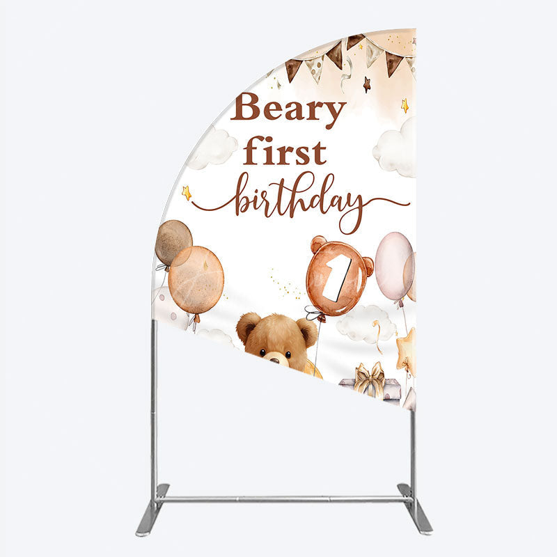 Aperturee - Aperturee Beary First Birthday Half Moon Arch Backdrop for Boy Boho Teddy Bear on Moon with Balloons We Can Bearly Wait Party