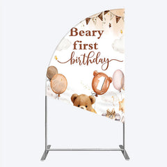 Aperturee - Aperturee Beary First Birthday Half Moon Arch Backdrop for Boy Boho Teddy Bear on Moon with Balloons We Can Bearly Wait Party