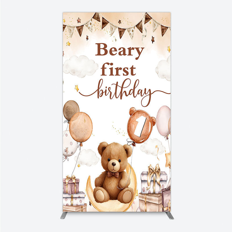 Aperturee - Aperturee Beary First Birthday Rectangle Backdrop for Boy Boho Teddy Bear on Moon with Balloons We Can Bearly Wait Party Decor