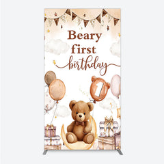 Aperturee - Aperturee Beary First Birthday Rectangle Backdrop for Boy Boho Teddy Bear on Moon with Balloons We Can Bearly Wait Party Decor