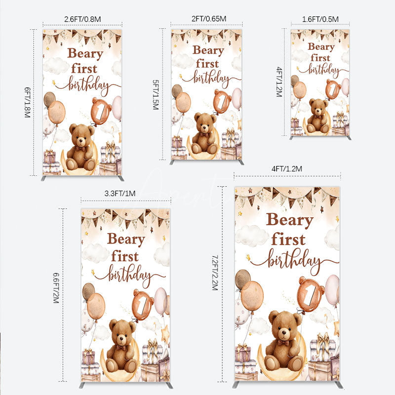 Aperturee - Aperturee Beary First Birthday Rectangle Backdrop for Boy Boho Teddy Bear on Moon with Balloons We Can Bearly Wait Party Decor