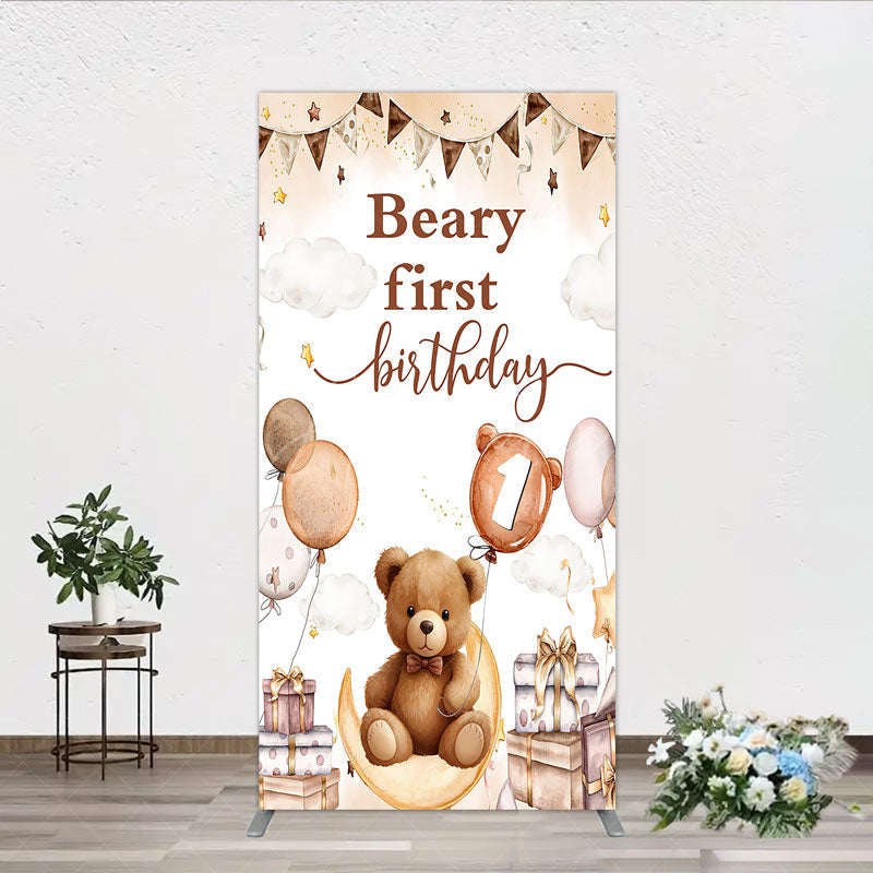 Aperturee - Aperturee Beary First Birthday Rectangle Backdrop for Boy Boho Teddy Bear on Moon with Balloons We Can Bearly Wait Party Decor