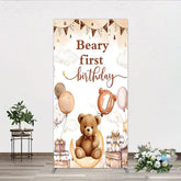 Aperturee - Aperturee Beary First Birthday Rectangle Backdrop for Boy Boho Teddy Bear on Moon with Balloons We Can Bearly Wait Party Decor