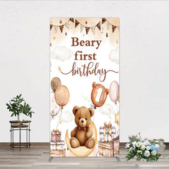 Aperturee - Aperturee Beary First Birthday Rectangle Backdrop for Boy Boho Teddy Bear on Moon with Balloons We Can Bearly Wait Party Decor