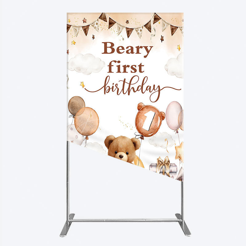 Aperturee - Aperturee Beary First Birthday Rectangle Backdrop for Boy Boho Teddy Bear on Moon with Balloons We Can Bearly Wait Party Decor