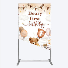 Aperturee - Aperturee Beary First Birthday Rectangle Backdrop for Boy Boho Teddy Bear on Moon with Balloons We Can Bearly Wait Party Decor