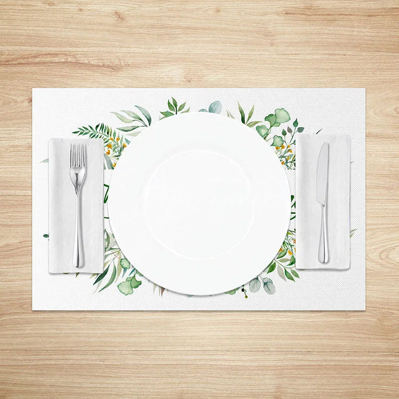 Aperturee - Aperturee Beautiful Spring Leaves Set of 4 Placemats Greenery and Floral Wreath Dining Table Mats for Home Decor