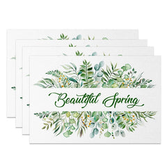 Aperturee - Aperturee Beautiful Spring Leaves Set of 4 Placemats Greenery and Floral Wreath Dining Table Mats for Home Decor