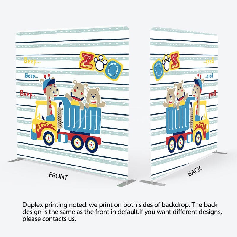 Aperturee - Aperturee Beep Animals Zoo Truck Birthday Pillow Case Backdrop