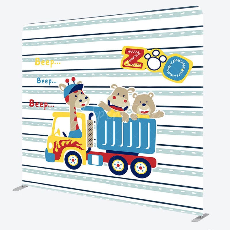 Aperturee - Aperturee Beep Animals Zoo Truck Birthday Pillow Case Backdrop