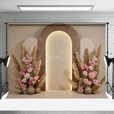 Aperturee - Aperturee Beige Arch Wall Boho Floral Wedding Photo Backdrop