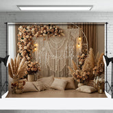 Aperturee - Aperturee Beige Boho Floral Tassel Lighted Photography Backdrop