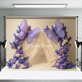 Aperturee - Aperturee Beige Curtain Purple Floral Butterfly Wedding Backdrop