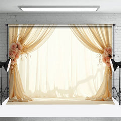 Aperturee - Aperturee Beige Fairy Tulle Pink Rose Wedding Photo Backdrop